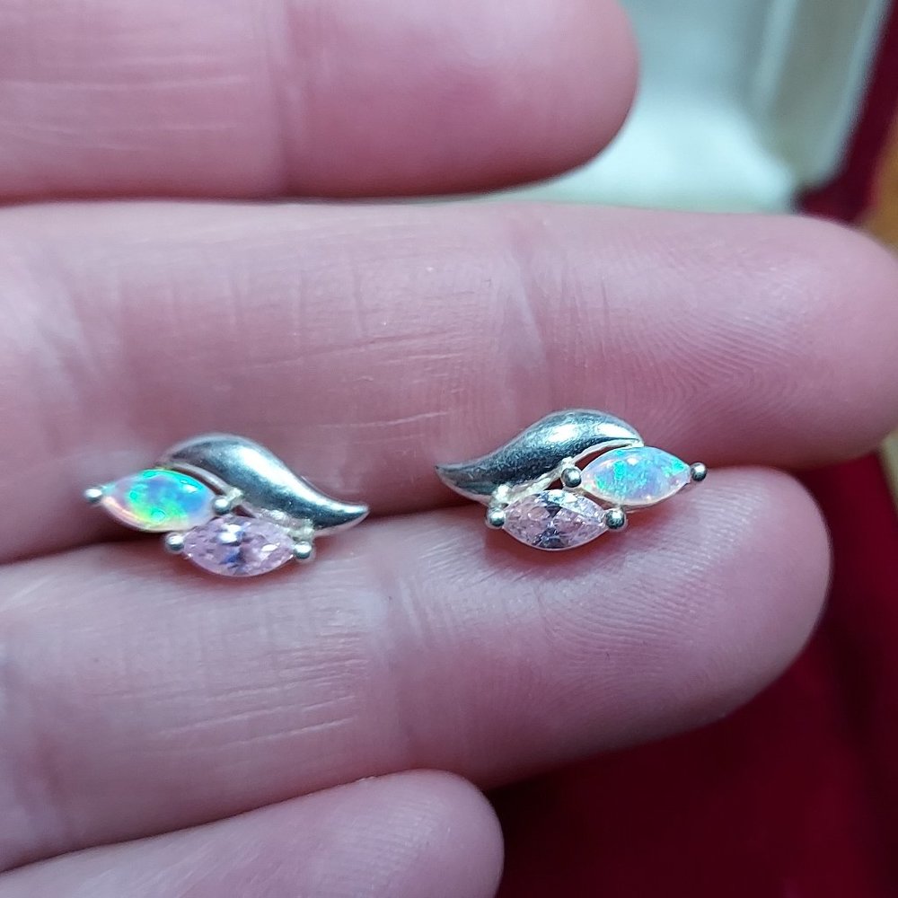 Sterling Silver Opal Pink Stone Stud Earrings Small Pierced Ears